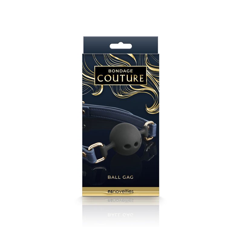 Bondage couture black blue gag front, in the box | Flirtybay.com.au